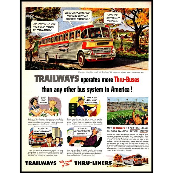 1951 Trailways Bus Lines Thru-Liner Buses Vintage Print Ad Farm Barn Wall Art - Picture 1 of 1